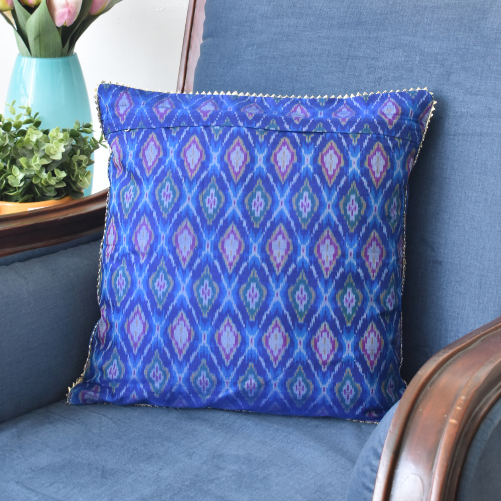 Blue silk ikat cushion cover