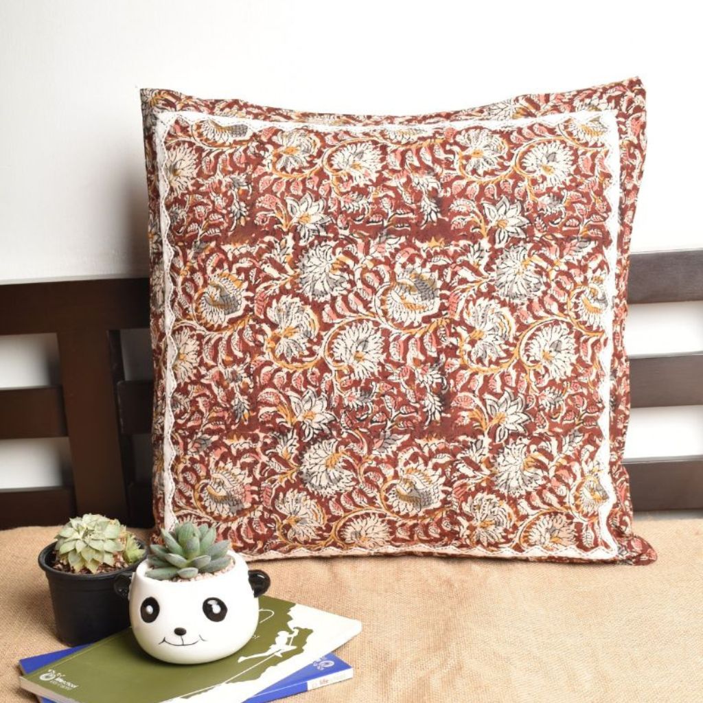 Brown Kalamkari cushion cover with applique