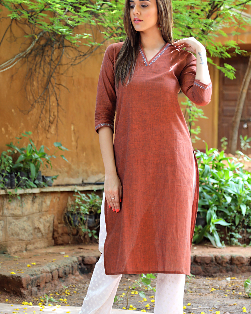Brown Overlapped V Collar Kurta side view