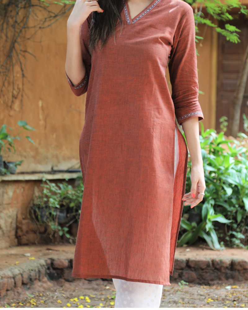 Brown Overlapped V Collar Kurta front view