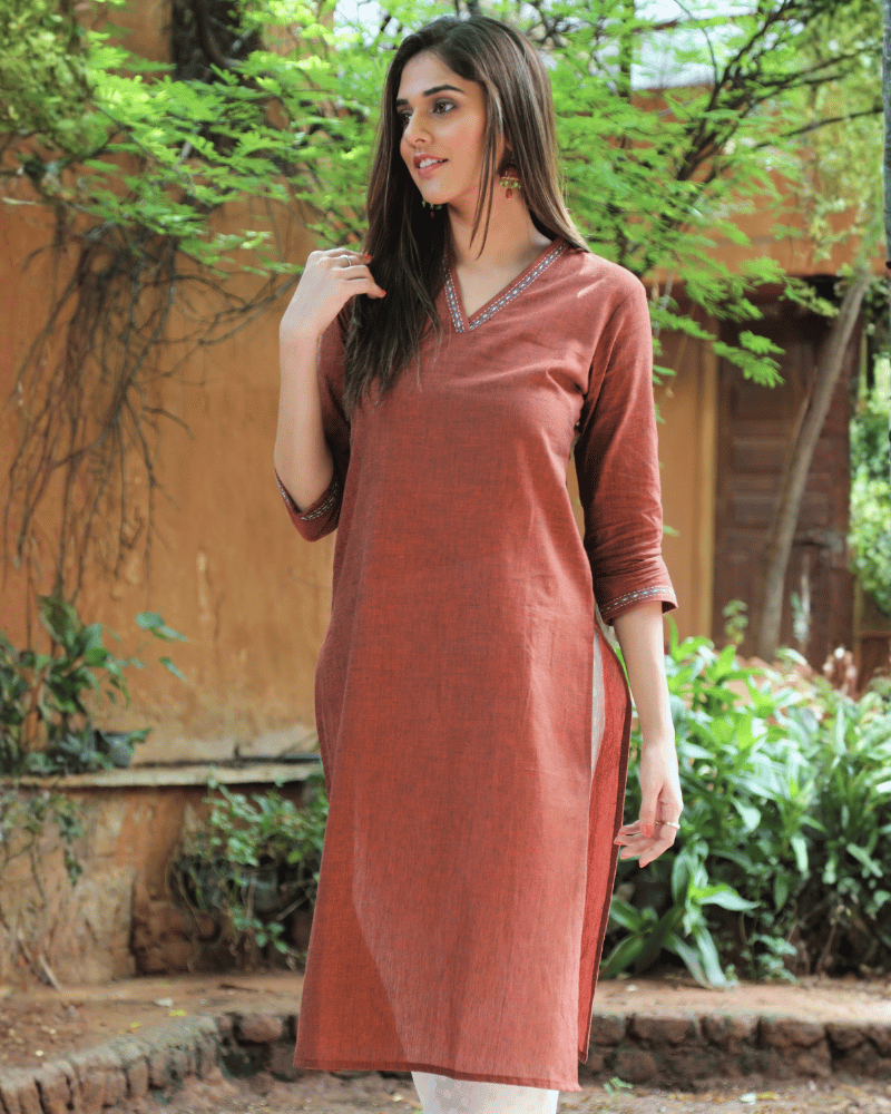 Brown Overlapped V Collar Kurta - Front