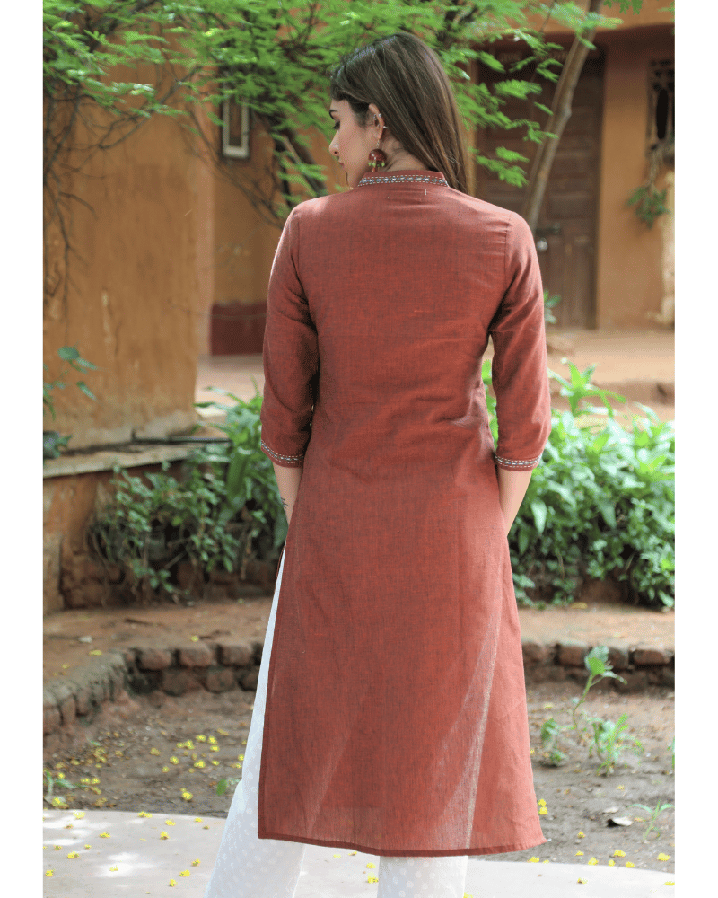 Brown Overlapped V Collar Kurta - back