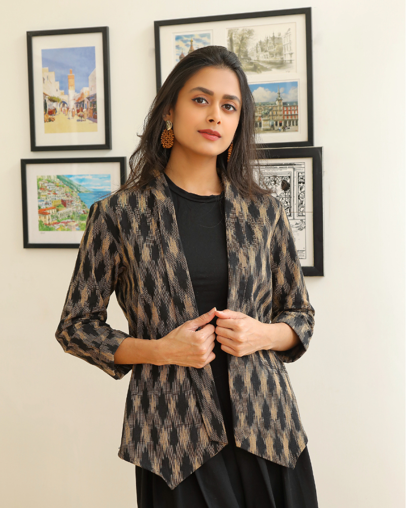 Brown ikat lapel collar jacket - side