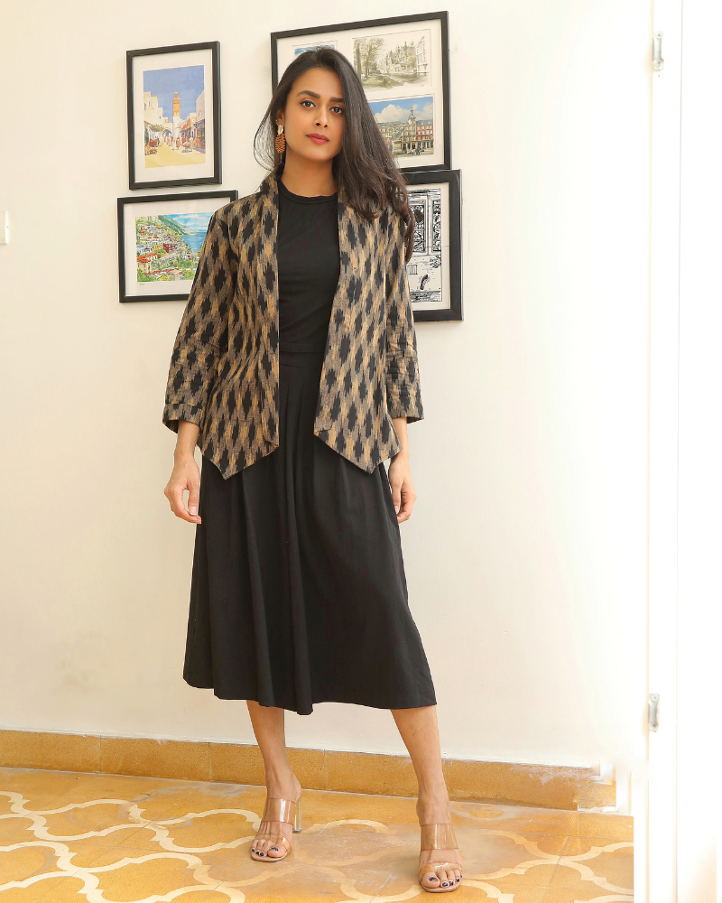 Brown ikat lapel collar jacket - full