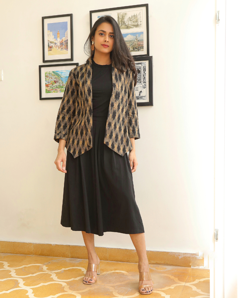 Brown ikat lapel collar jacket