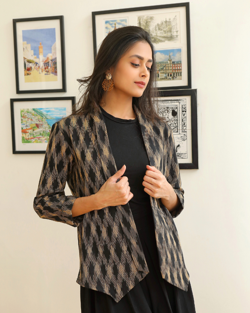 Brown ikat lapel collar jacket - front