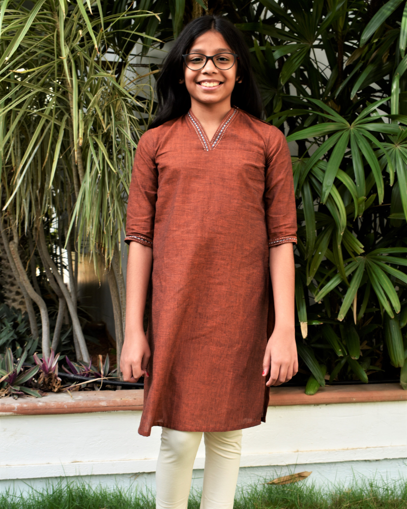 Girls Brown Overlapped V Collar Kurta