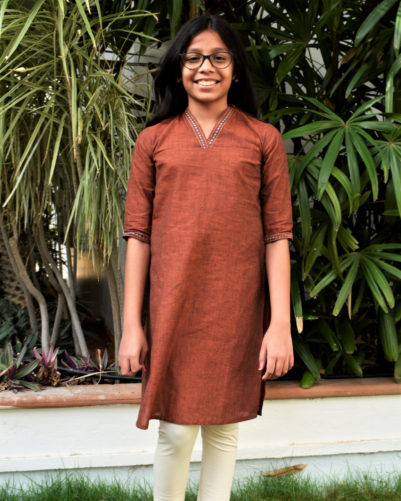 Brown overlapped V collar kurta for girls