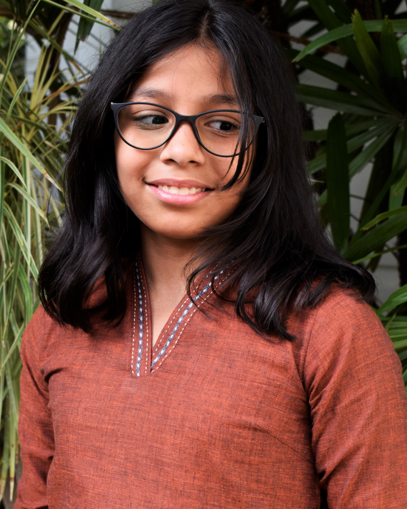 Girls Brown Overlapped V Collar Kurta