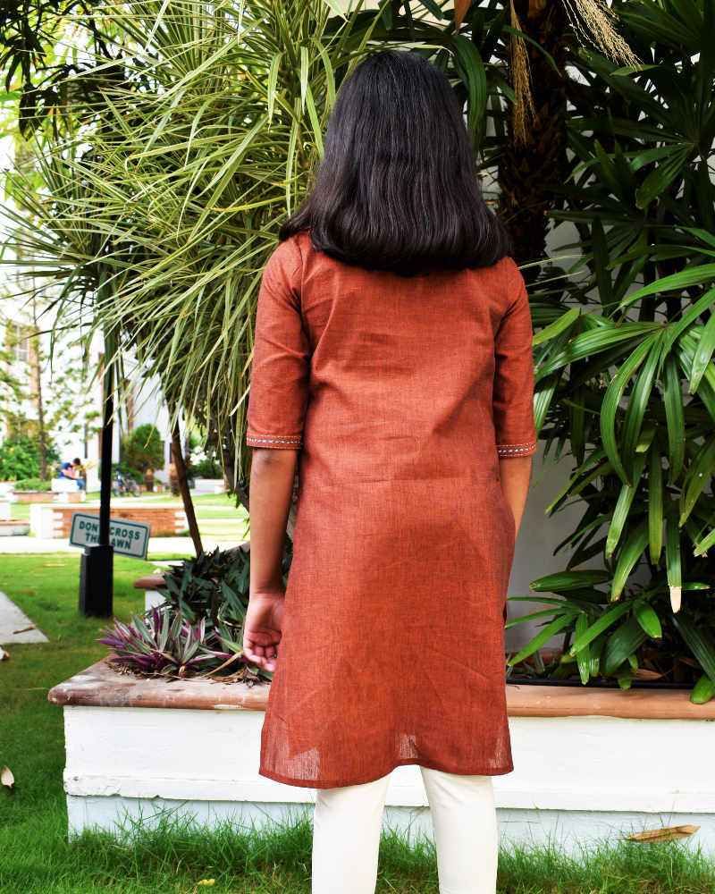 Girls Brown Overlapped V Collar Kurta