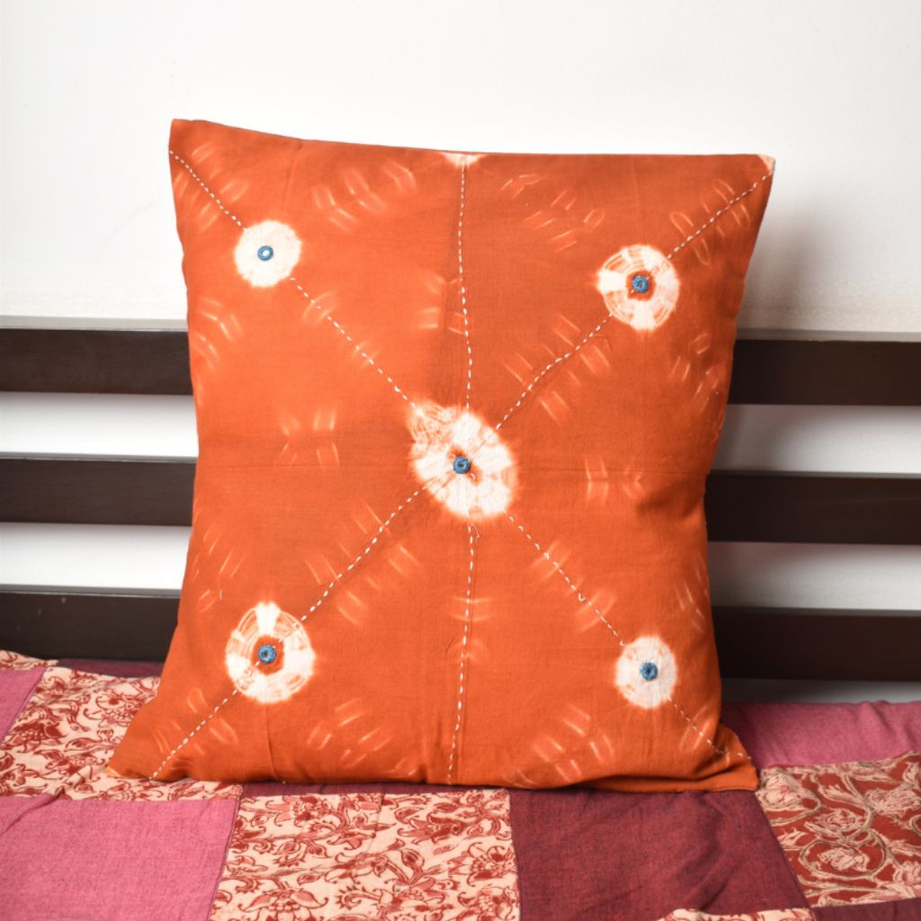 Brown tie dye cushion cover with mirror work