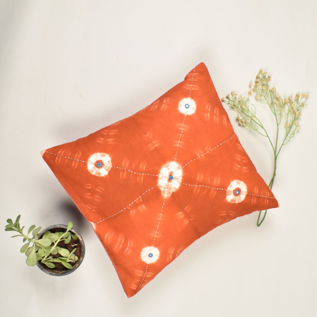 Brown tie dye cushion cover with mirror work