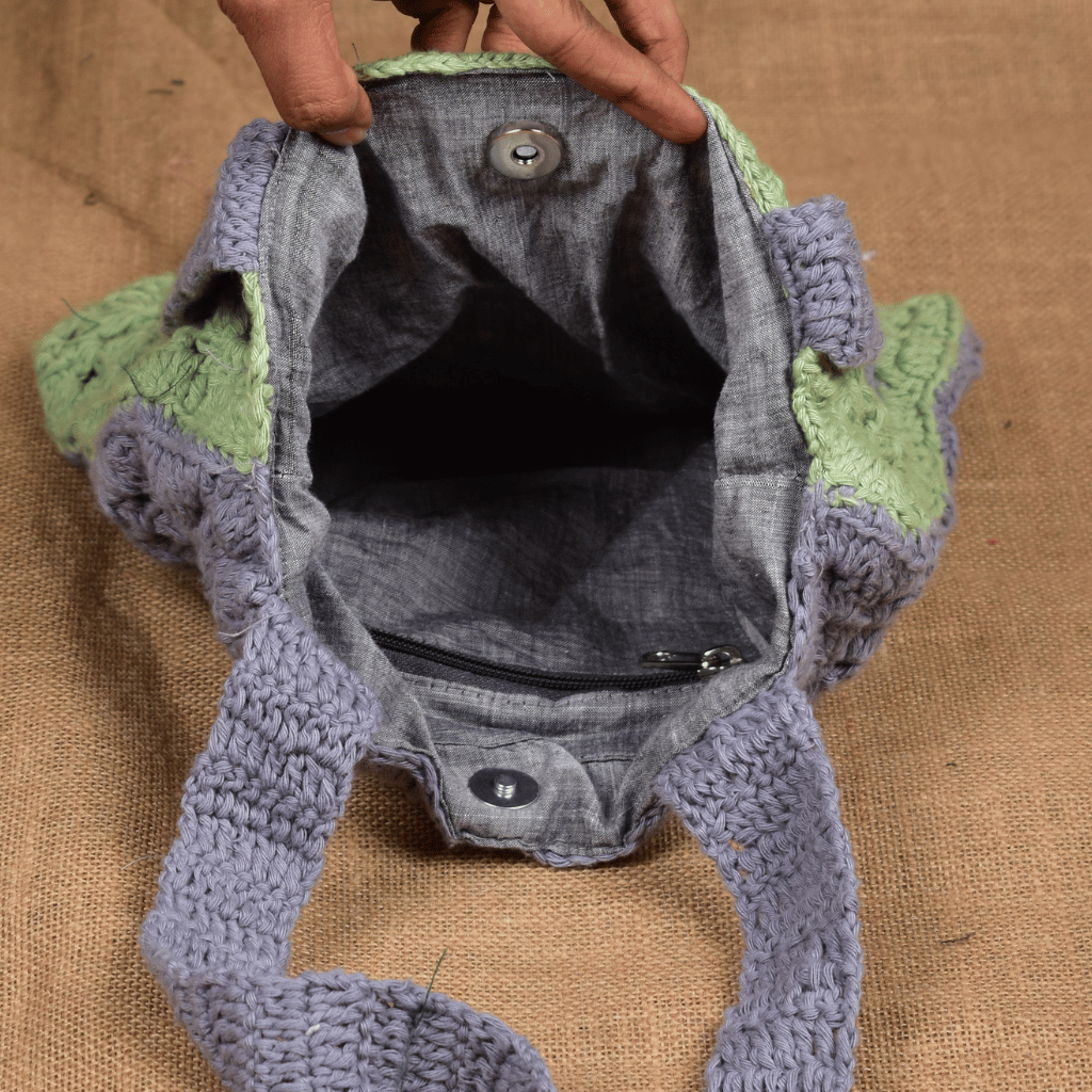 Green & Grey Crochet Sling Bag - inside