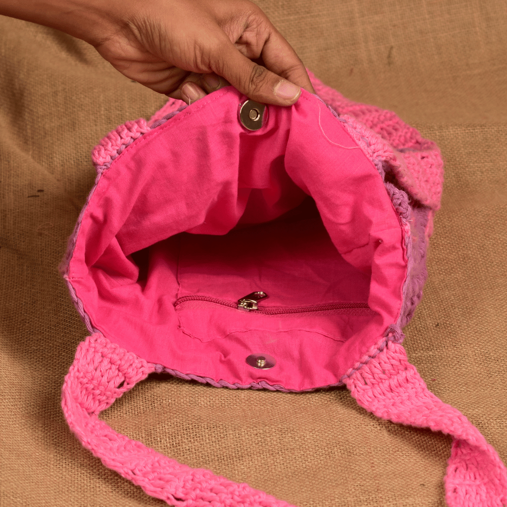 Pink & Purple Crochet Sling Bag - inside