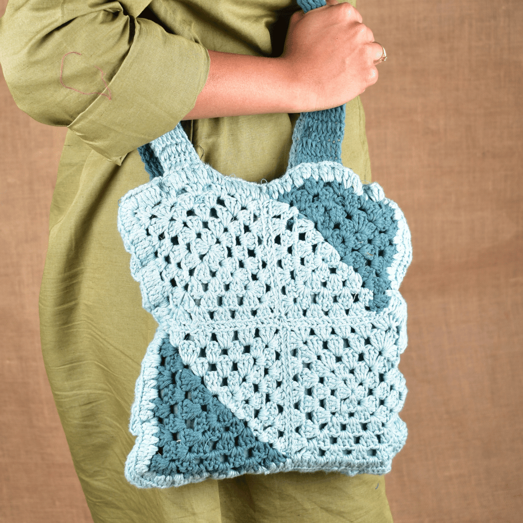 Gray and Cyan Crochet Sling Bag