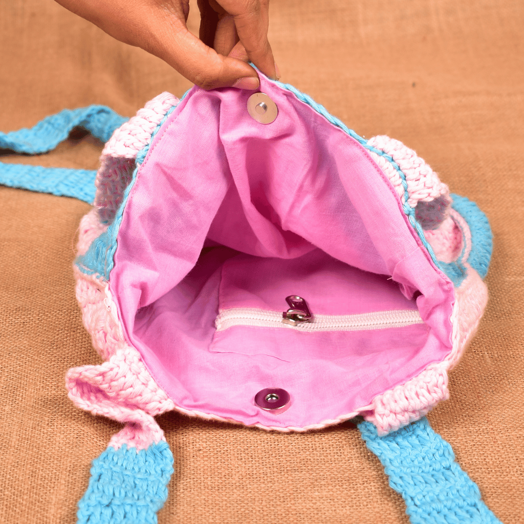 Pink and Blue Crochet Sling Bag - inside