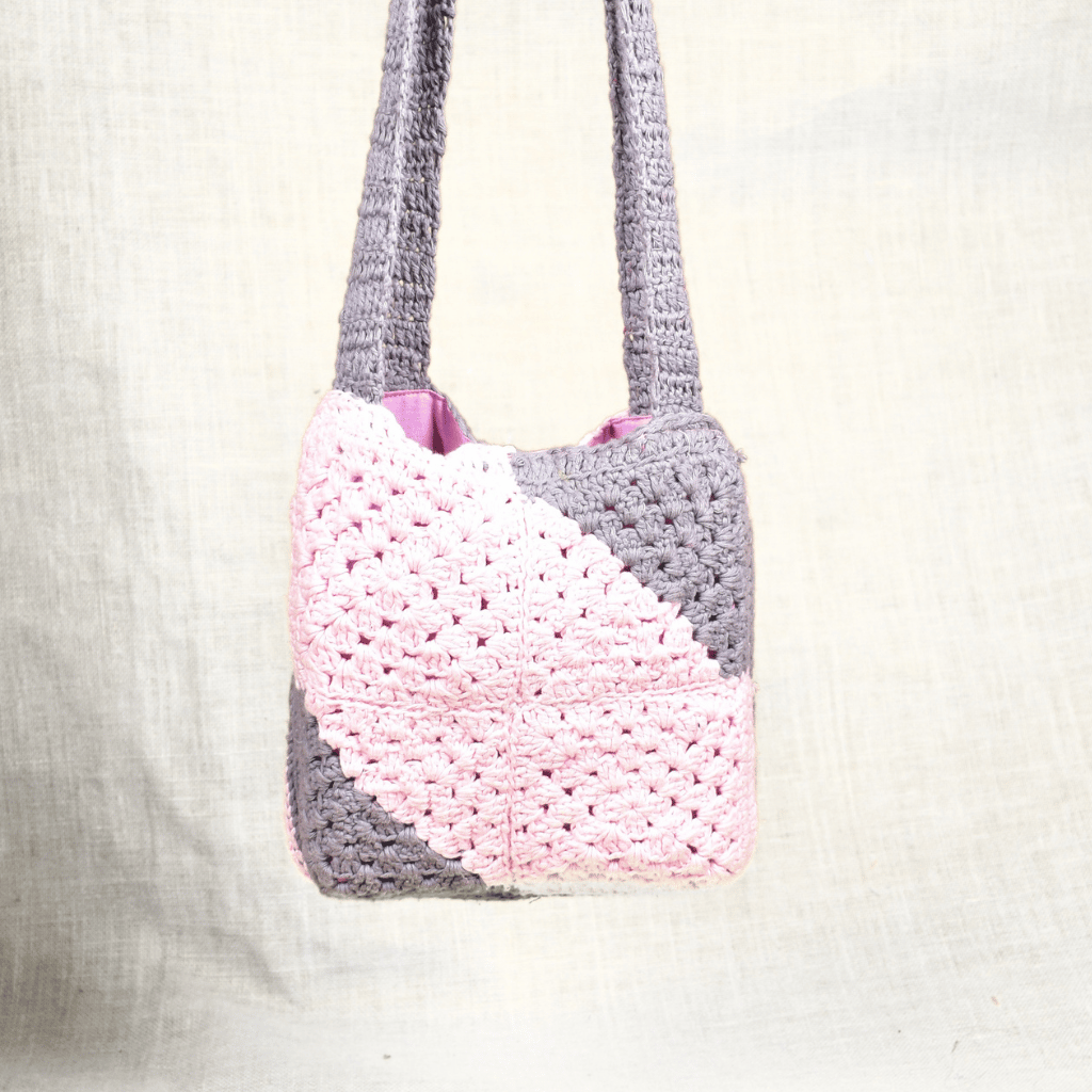 Grey and Pink Crochet Sling Bag - front