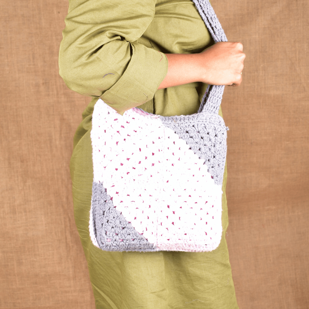 Grey and Pink Crochet Sling Bag - wear