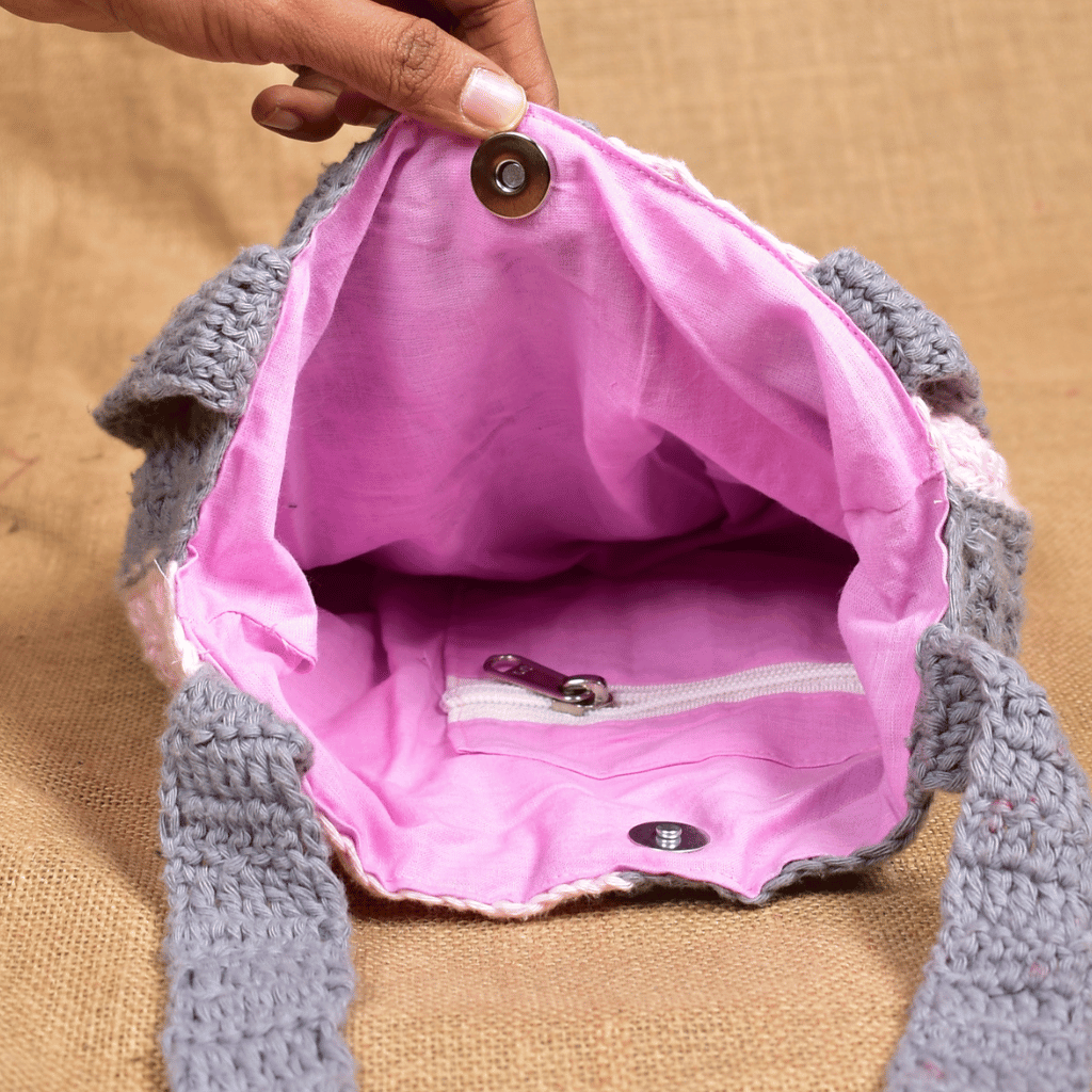 Grey and Pink Crochet Sling Bag - inside