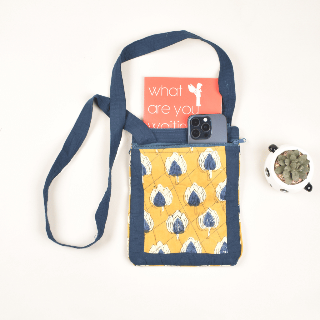 Yellow kalamkari cotton sling bag - front