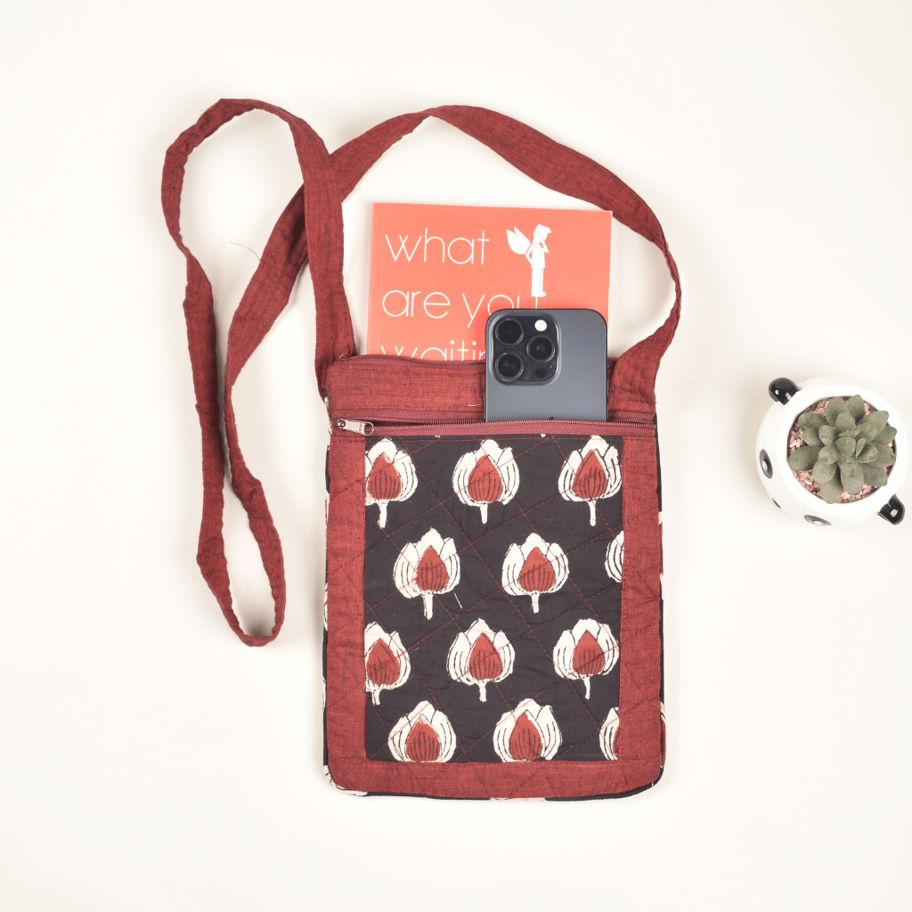 Maroon kalamkari sling bag - front