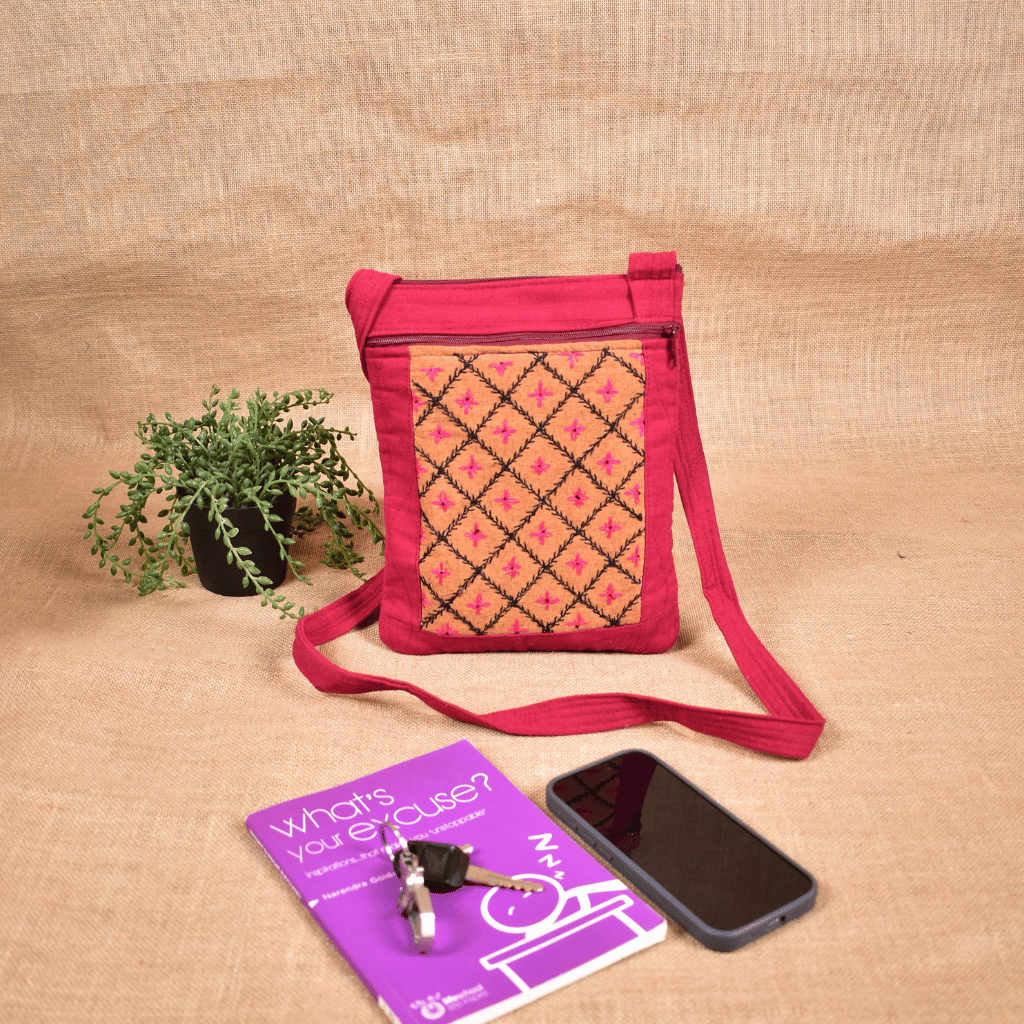Maroon Embroidery Cotton Sling Bag cum Phone Pouch - Zip