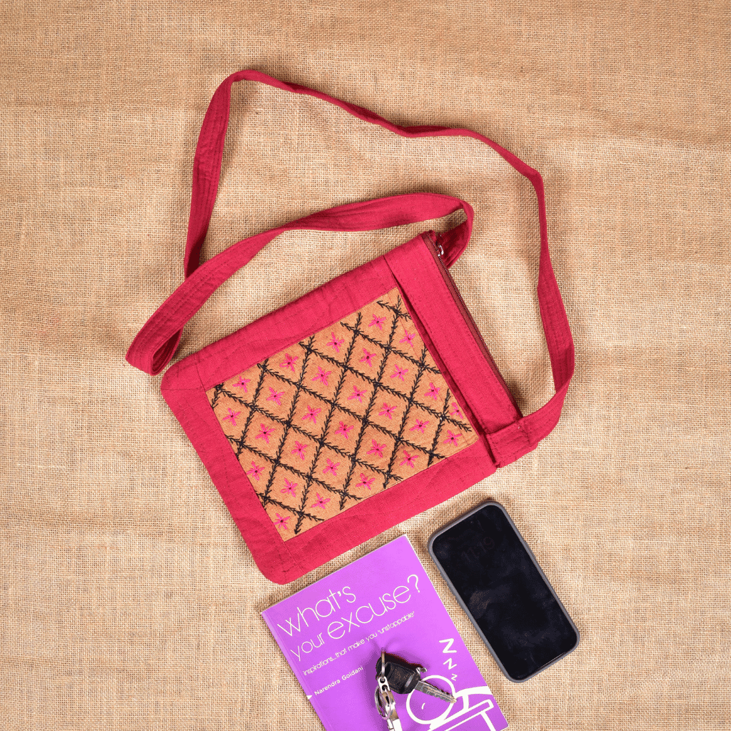 Maroon Embroidery Cotton Sling Bag cum Phone Pouch - Pockets