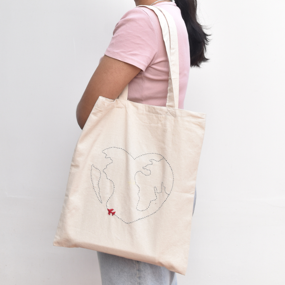 white canvas tote bag - map embroidery