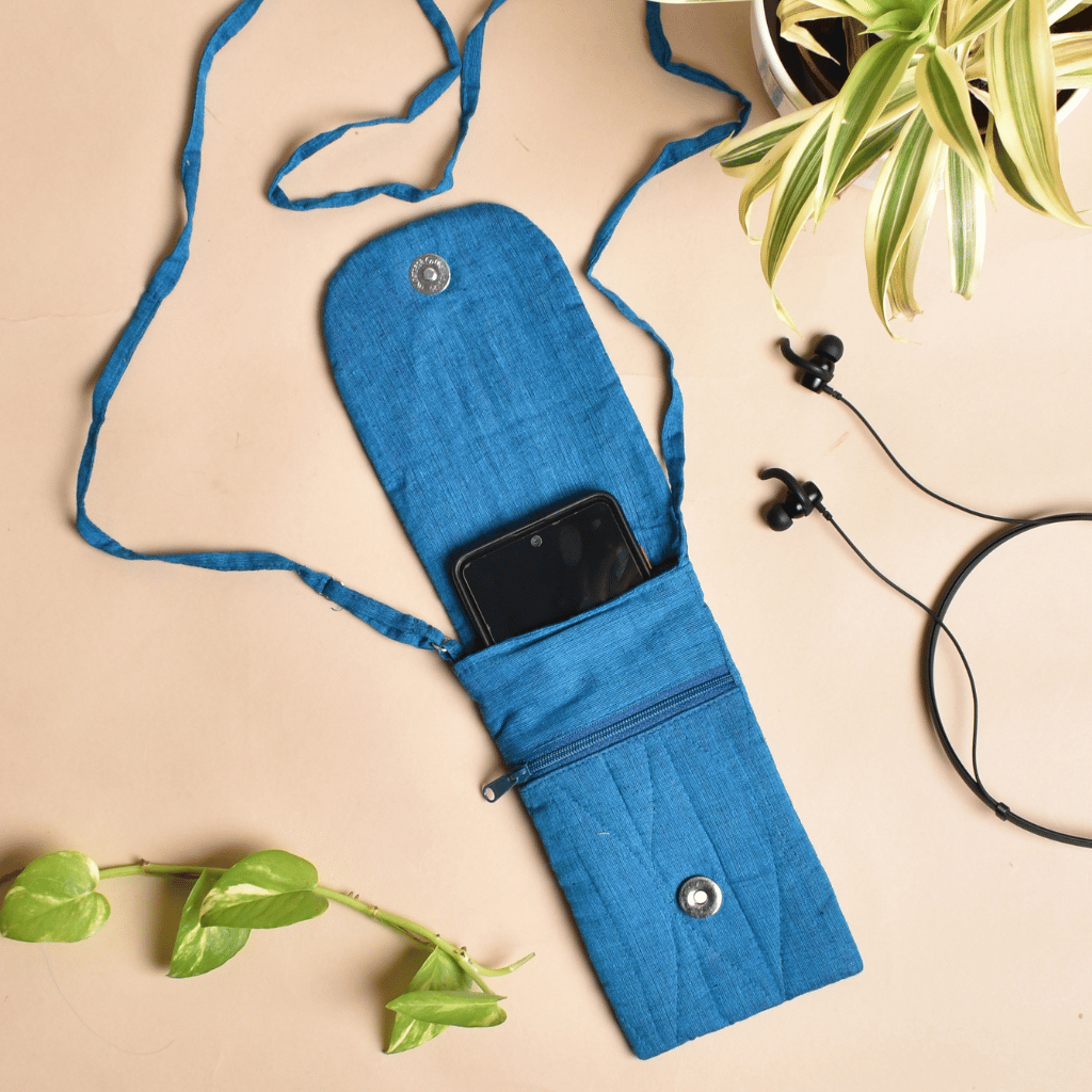 Blue Cotton cell phone bag with zip pocket for money and keys - sling
