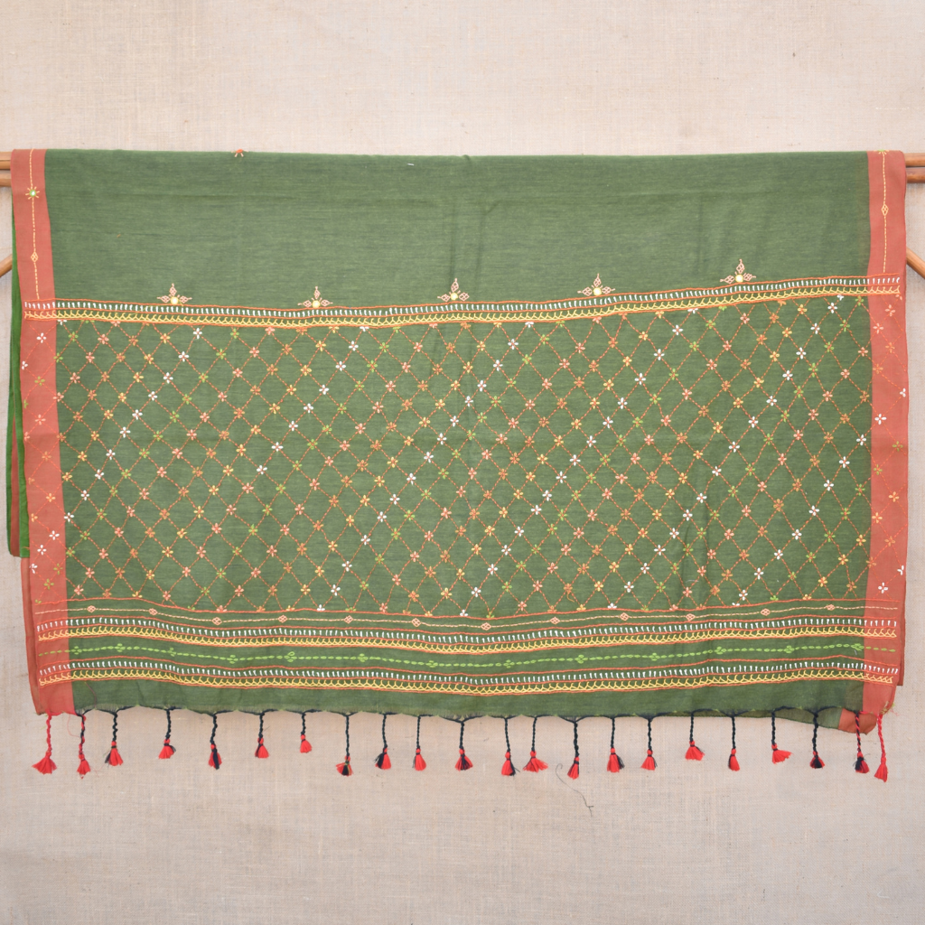 Classic green and orange handloom cotton saree with hand embroidery