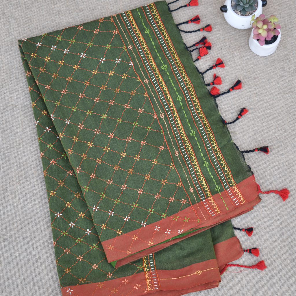 Classic green and orange handloom cotton saree with hand embroidery