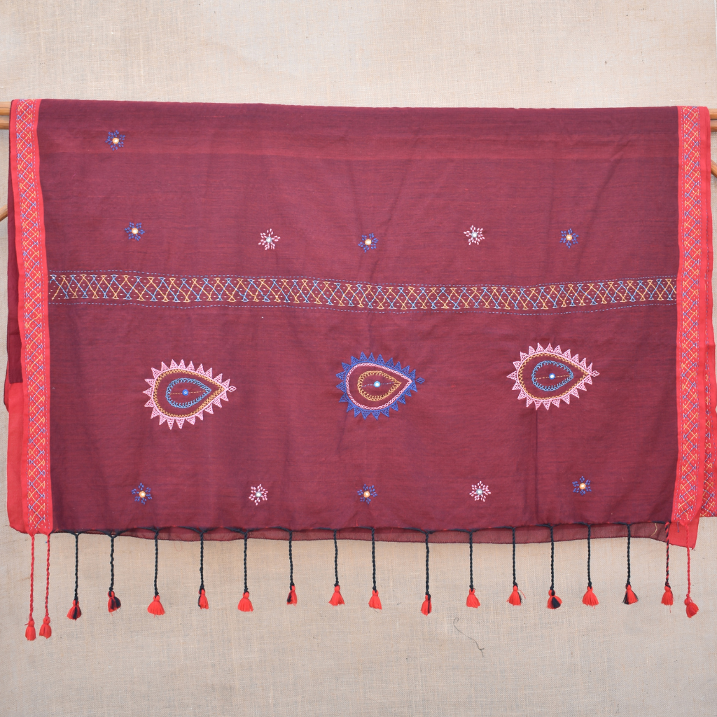 Deep red handloom cotton saree with embroidery