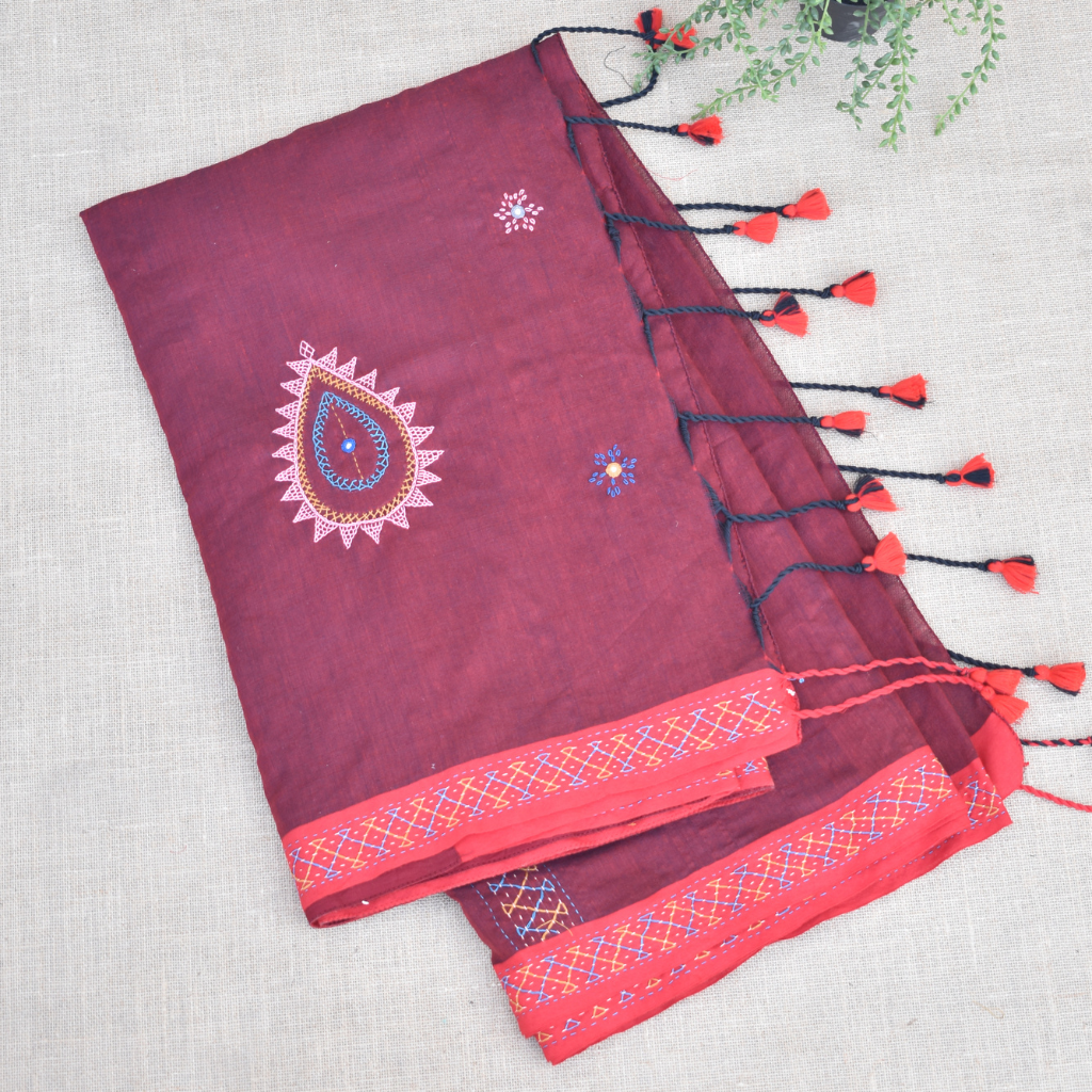 Deep red handloom cotton saree with embroidery