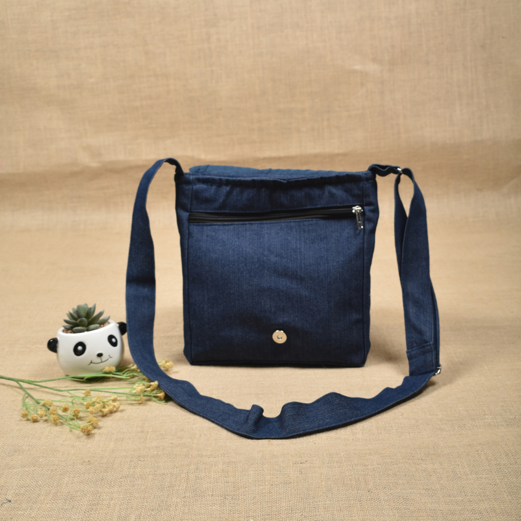 Denim sling bag with embroidery