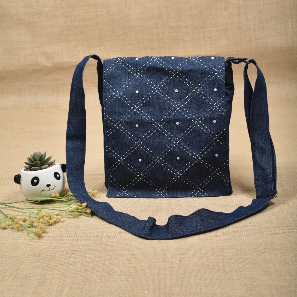 Denim sling bag with embroidery