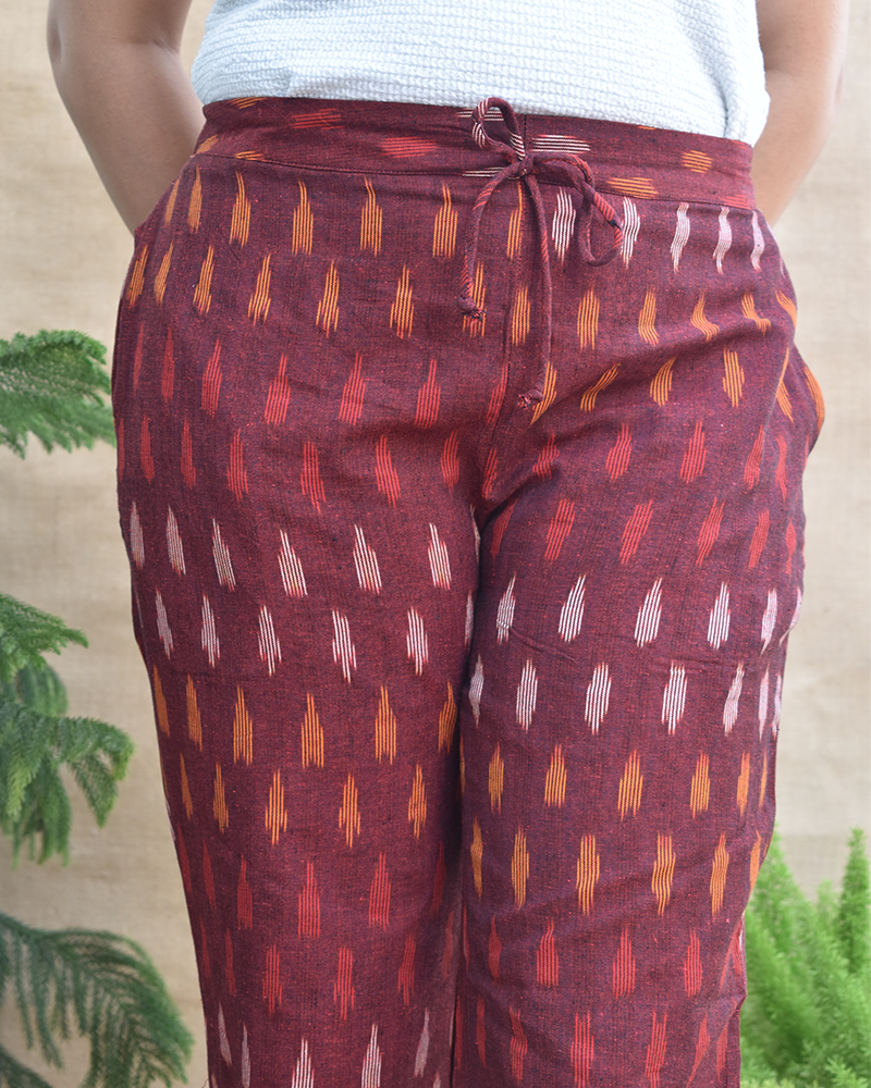 Maroon ikat pant for women - waist