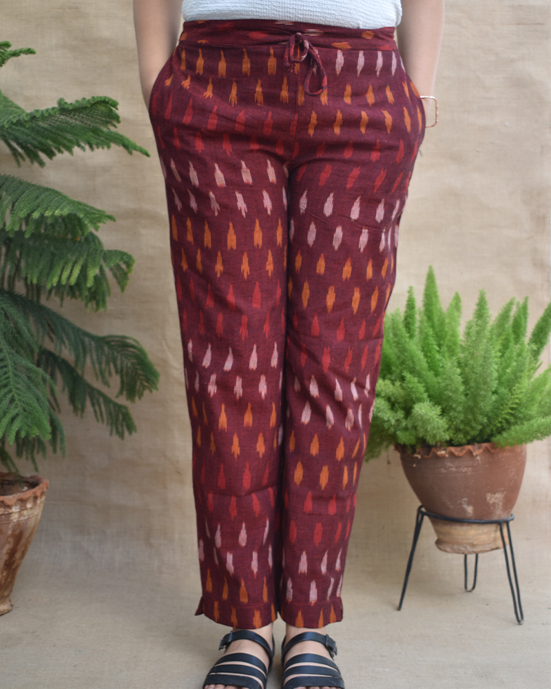 Maroon ikat pant for women - front