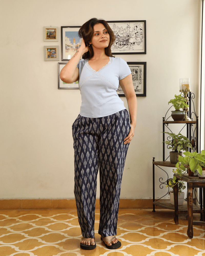 Indigo Ikat Cotton Women’s Straight Pant - front