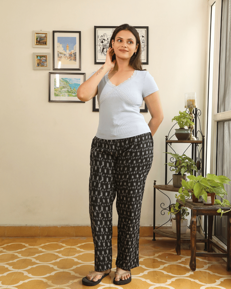 Black Ikat Cotton Women’s Straight Pant - front