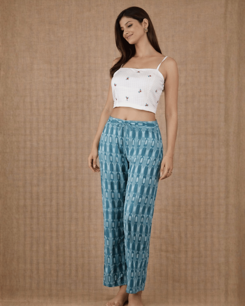 Teal Blue Ikat Cotton Women’s Straight Pant - Front