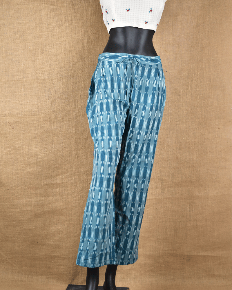 Teal Blue Ikat Cotton Women’s Straight Pant