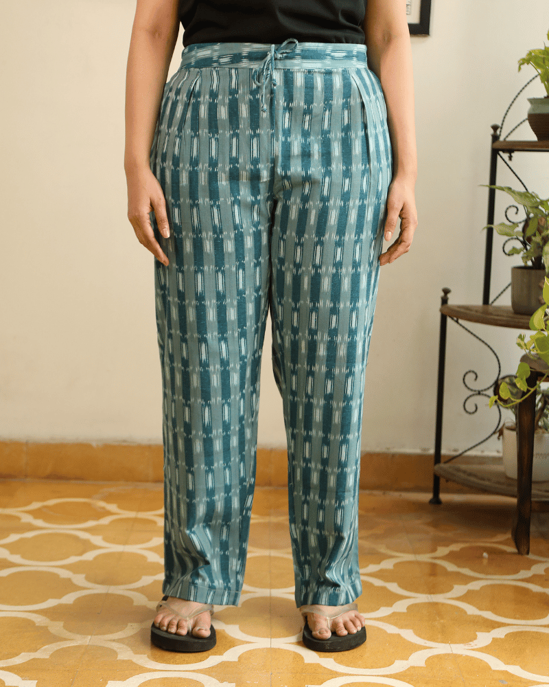 Teal Blue Ikat Cotton Women’s Straight Pant - drawstring