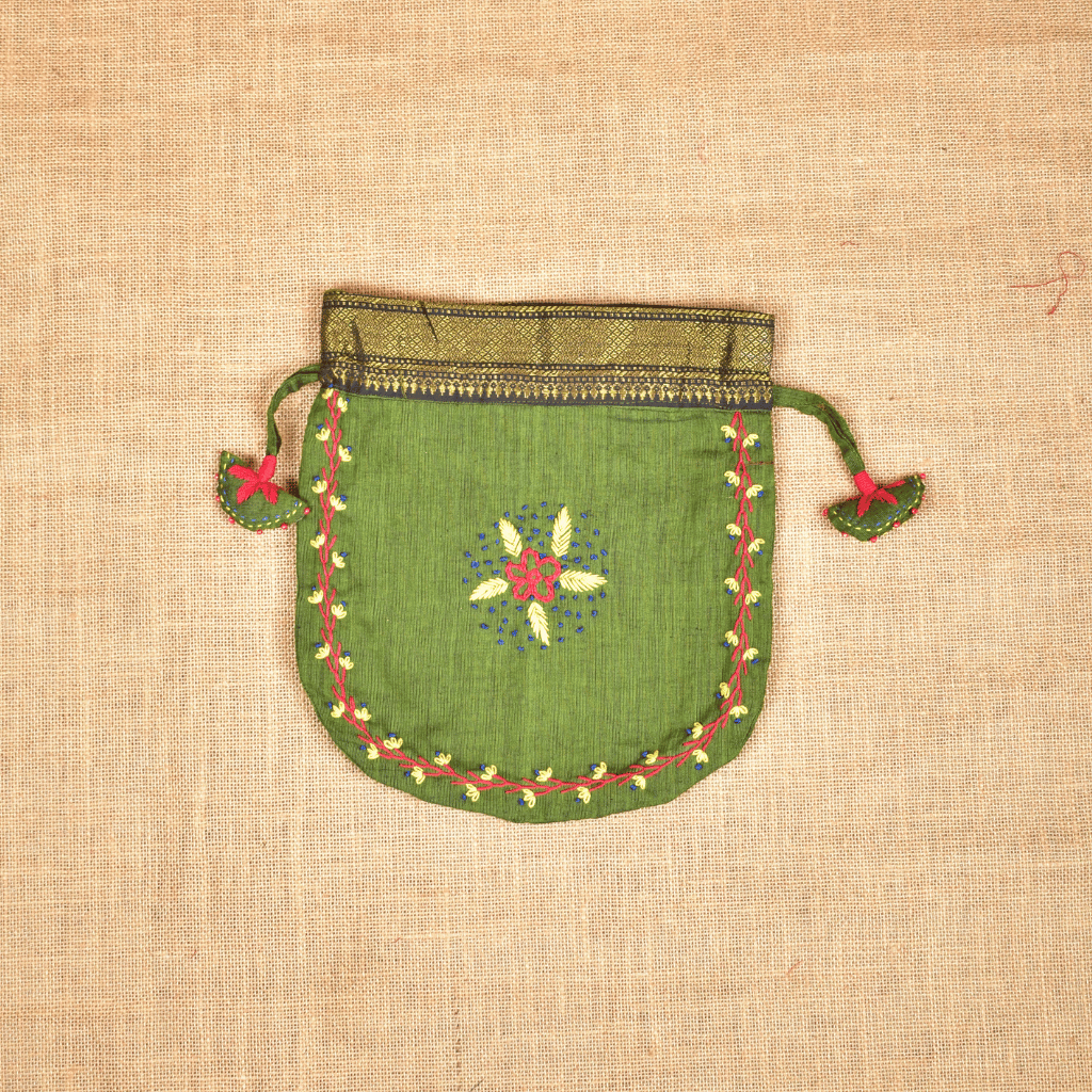 Green Feather Embroidery Potli