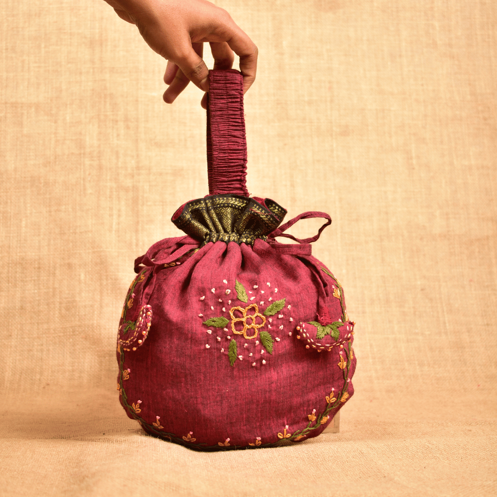 Maroon Floral Embroidery Handle Potli