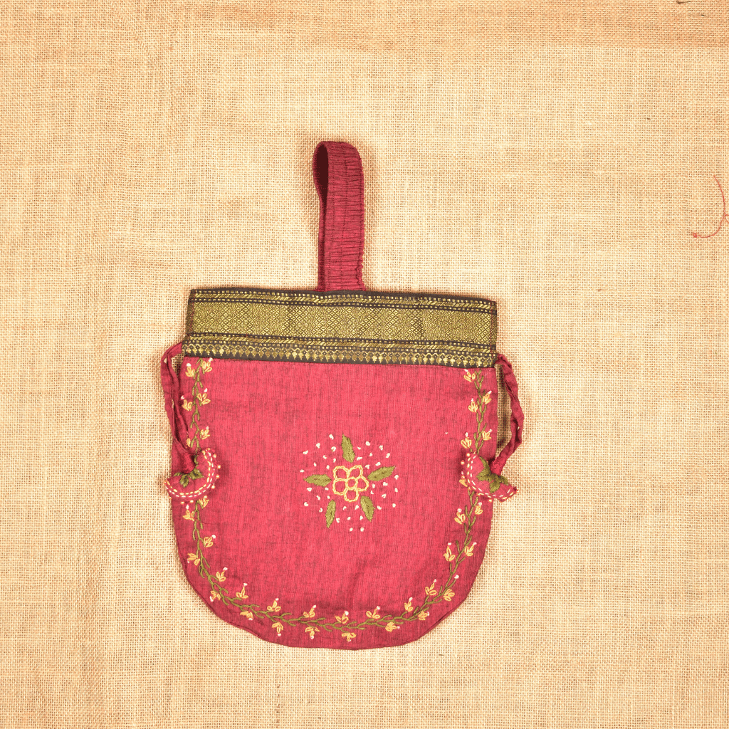 Maroon Floral Embroidery Handle Potli