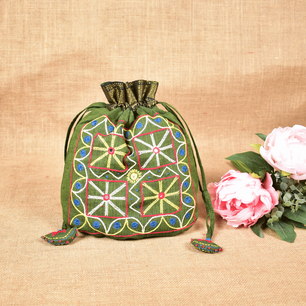 Green Mangalagiri Cotton Embroidered Handloom Potli Bag - front