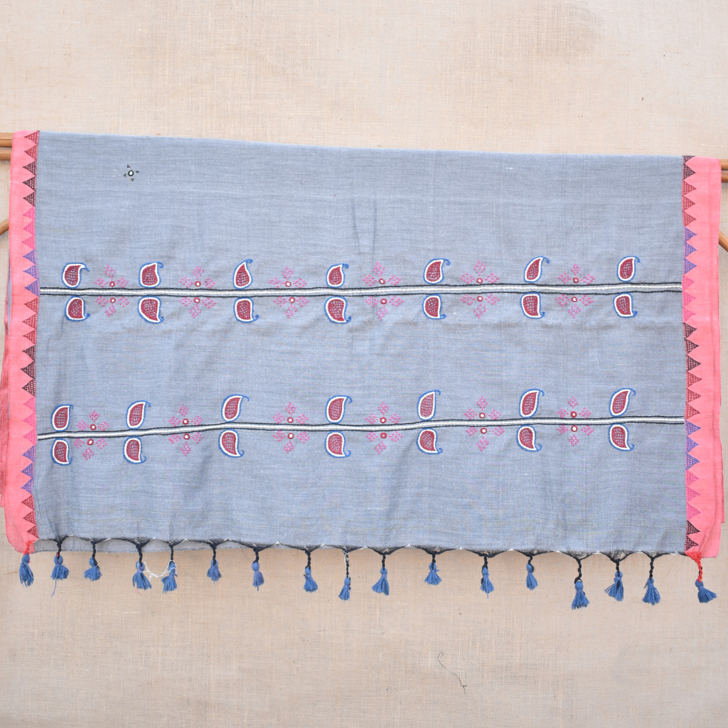 Elegant grey and pink handloom cotton saree with hand embroidery