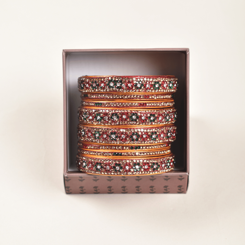 Pair of lac bangles in red & green stones - lac