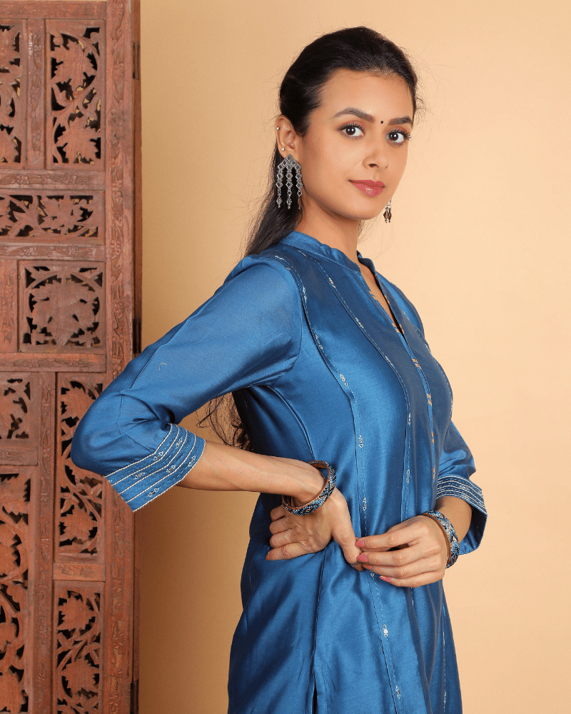 Zaalima Chanderi Silk Kurta and Pant Set with collar neck in classic blue