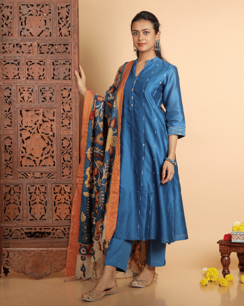 Zaalima Chanderi Silk Kurta and Pant Set with collar neck in classic blue